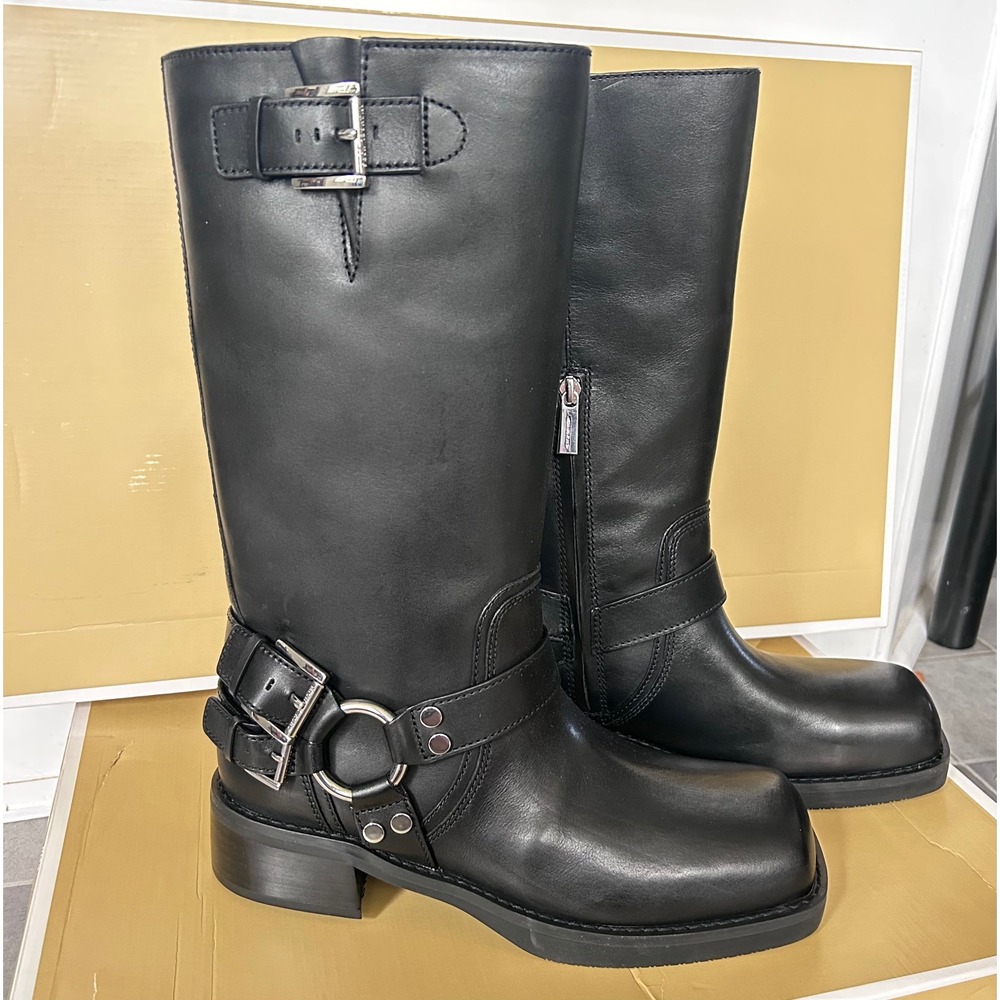 Michael Kors Black Leather Harness Moto Boots Square Toe Buckle 9M MSRP $295